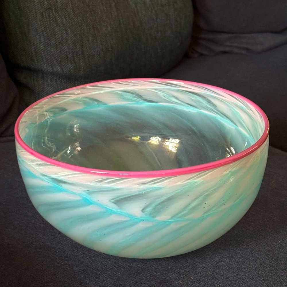 Hand blown in Bermuda  Glass Bowl with Pink and Aqua Swirl